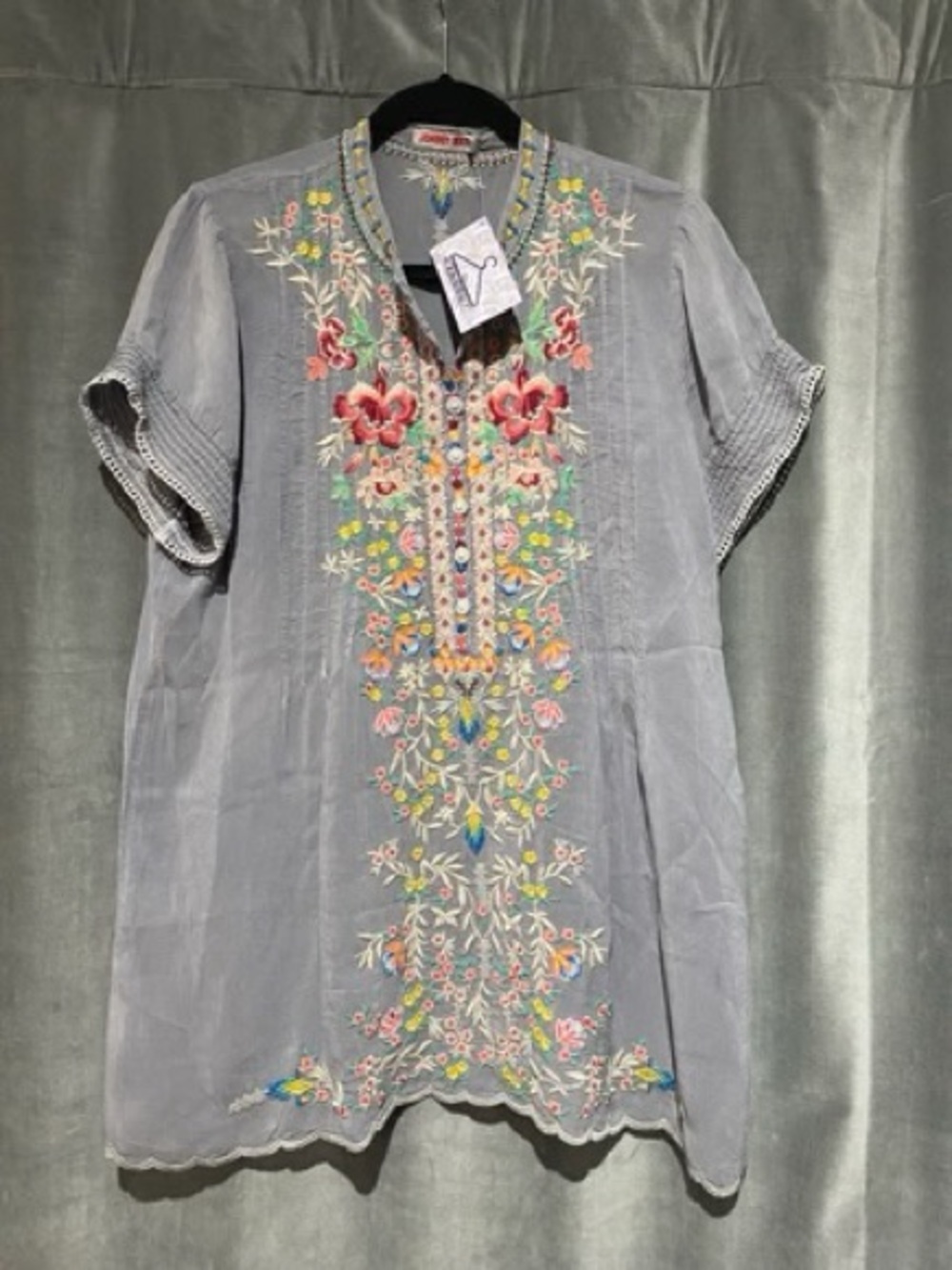 Johnny Was Embroidered Boho Tunic in Gray with Multicolor Floral Stitching